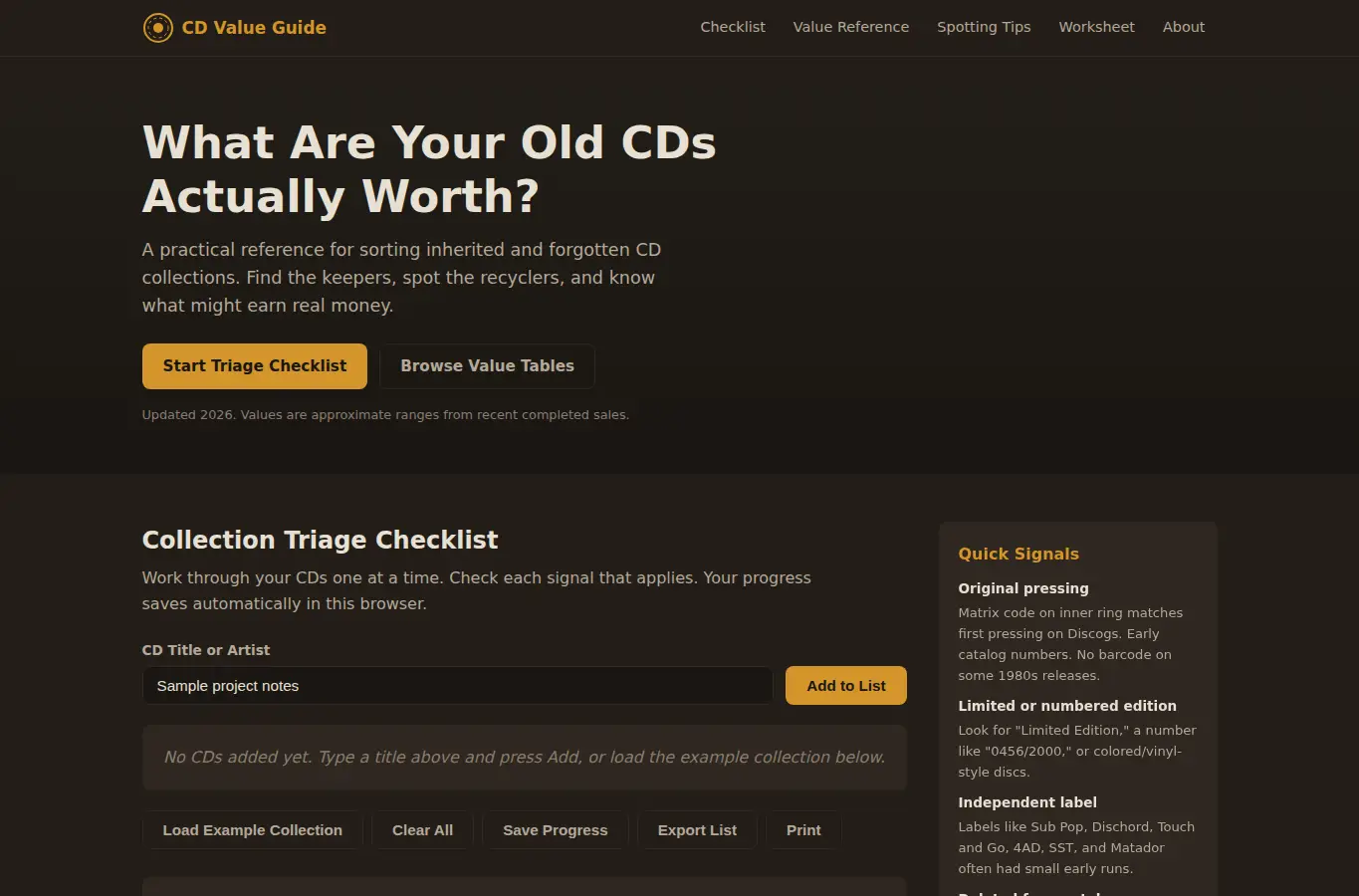 Screenshot of Old CD Collection Value Guide interface showing the project page in use